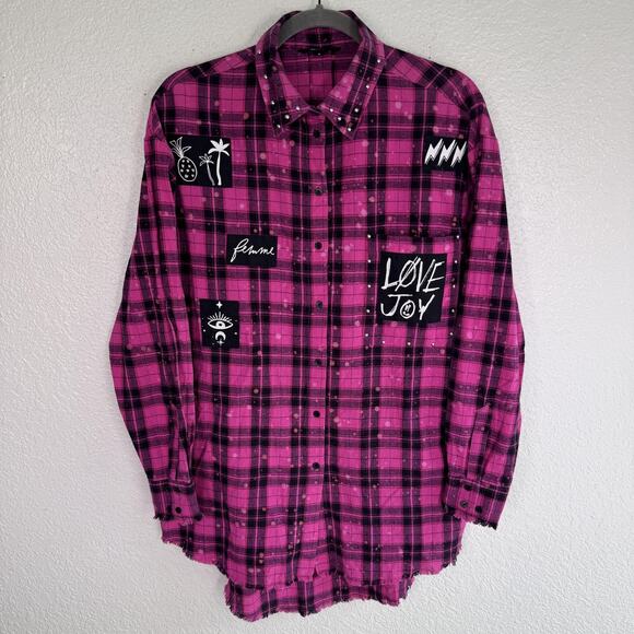 Desigual Tops - Desigual Shirt Womens Small Plaid Studded Flannel Graphic Patch Grunge Pink
